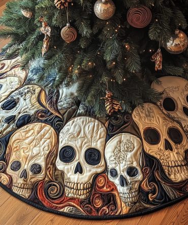 Handmade Gothic Gold Mosaic Skull Christmas Tree Skirt - Custom Holiday Tree Skirt With Patterned Metallic Accents
