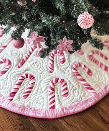 Pink Candy Canes On Snow Tree Skirt — Custom Handmade Soft Pink & White Holiday Skirt, Perfect For Feminine Or Themed Christmas Décor