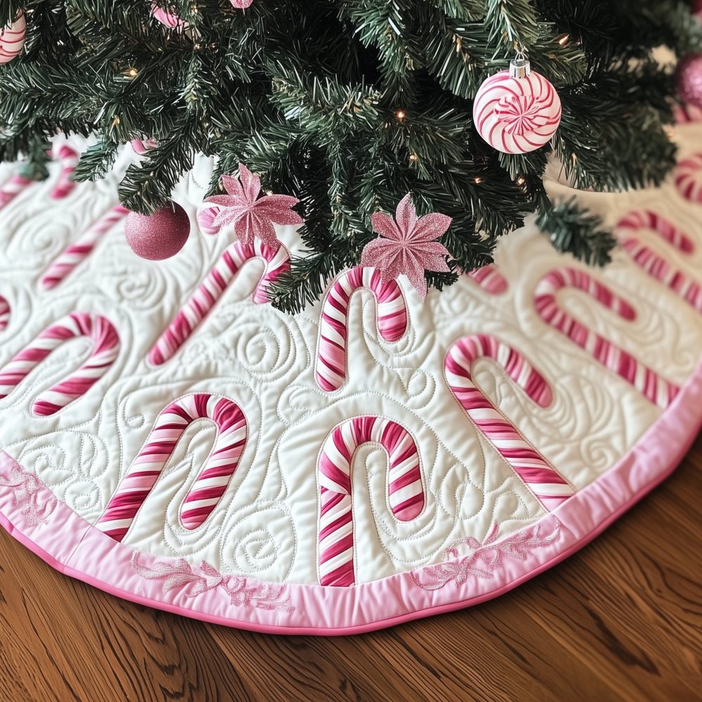 Pink Candy Canes On Snow Tree Skirt — Custom Handmade Soft Pink & White Holiday Skirt, Perfect For Feminine Or Themed Christmas Décor