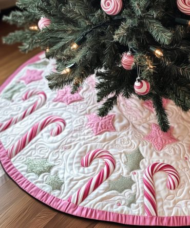 Peppermint Canes With Pink Trim Christmas Tree Skirt — Made-To-Order Festive Skirt, Playful Pink & Red Holiday Accent With Custom Options