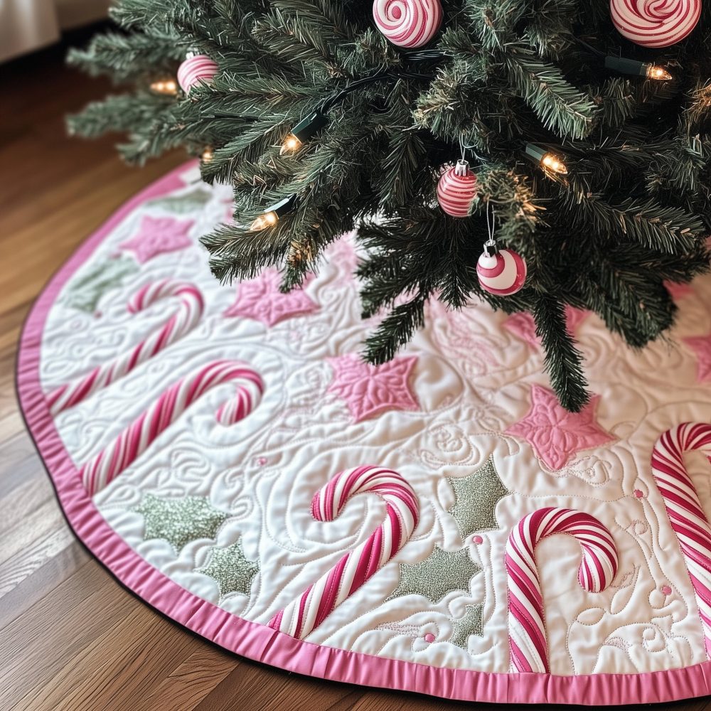 Peppermint Canes With Pink Trim Christmas Tree Skirt — Made-To-Order Festive Skirt, Playful Pink & Red Holiday Accent With Custom Options