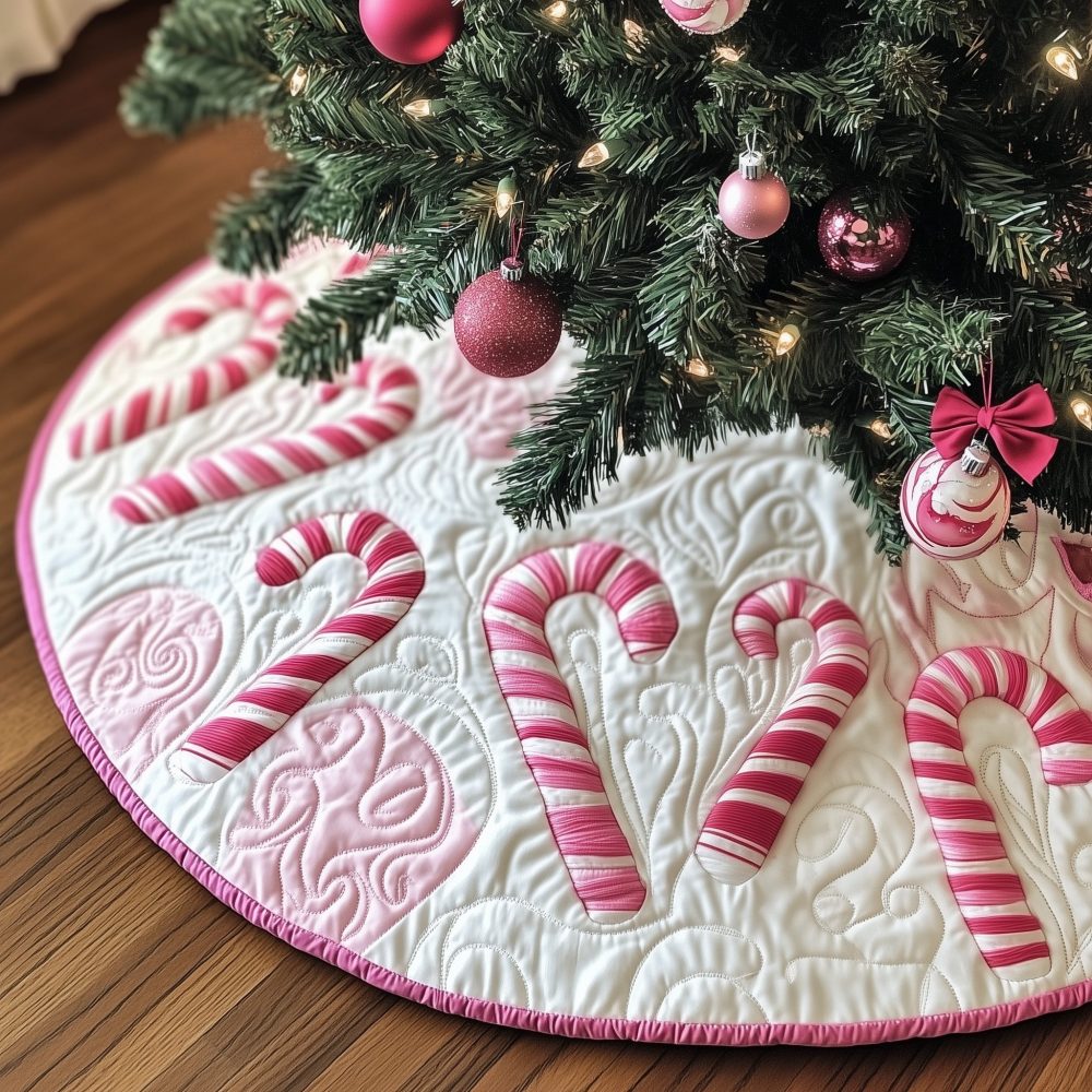 Blush Tree Skirt With Candy Cane Hearts — Romantic Pink Holiday Skirt, Handmade Custom Options For Soft Pastel Christmas Decorating