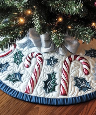 Candy Canes With Silver Bows Holiday Tree Skirt — Custom Handmade Seasonal Skirt With Shimmer Trim, Elegant Centerpiece For Christmas Trees