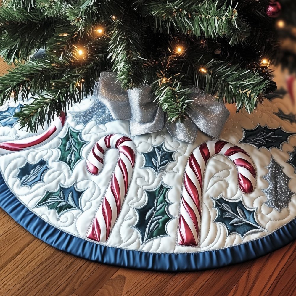 Candy Canes With Silver Bows Holiday Tree Skirt — Custom Handmade Seasonal Skirt With Shimmer Trim, Elegant Centerpiece For Christmas Trees