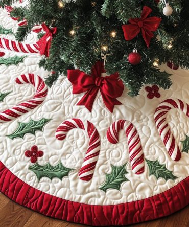 Paired Candy Canes With Crimson Ribbon Tree Skirt — Handmade Custom Christmas Skirt, Festive Red Accents & Personalized Embroidery Options