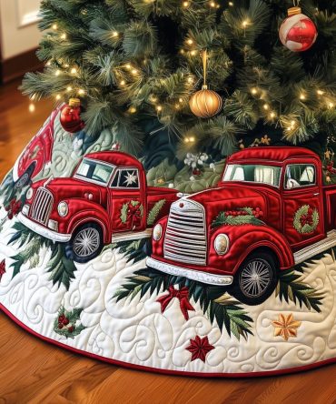 Red Truck With Wreath Grille Christmas Tree Skirt — Custom Handmade Holiday Accent, Vintage Truck Décor For Seasonal Gift Display