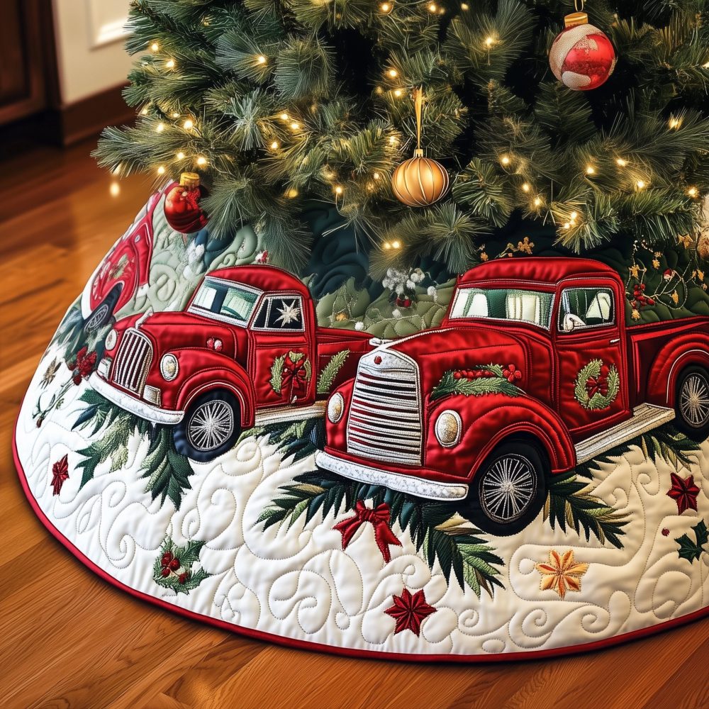 Red Truck With Wreath Grille Christmas Tree Skirt — Custom Handmade Holiday Accent, Vintage Truck Décor For Seasonal Gift Display