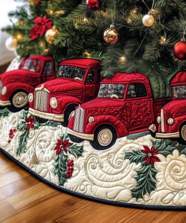 Double Red Truck Holiday Tree Skirt — Two Trucks Hauling Gifts, Custom Handmade Christmas Skirt For Cozy Rustic & Family Traditions