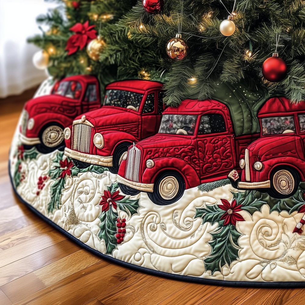 Double Red Truck Holiday Tree Skirt — Two Trucks Hauling Gifts, Custom Handmade Christmas Skirt For Cozy Rustic & Family Traditions