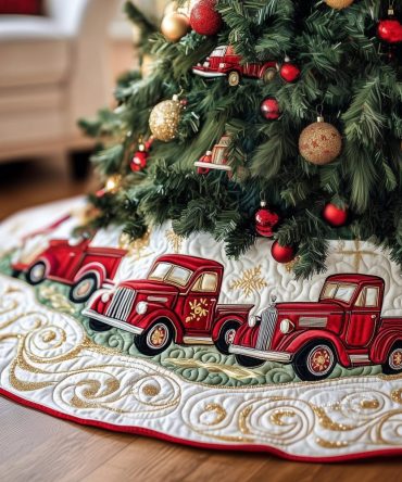 Vintage Red Truck With Gold Swirl Road Christmas Tree Skirt — Custom Luxury Holiday Skirt, Handmade Accent For Rustic Farmhouse Décor