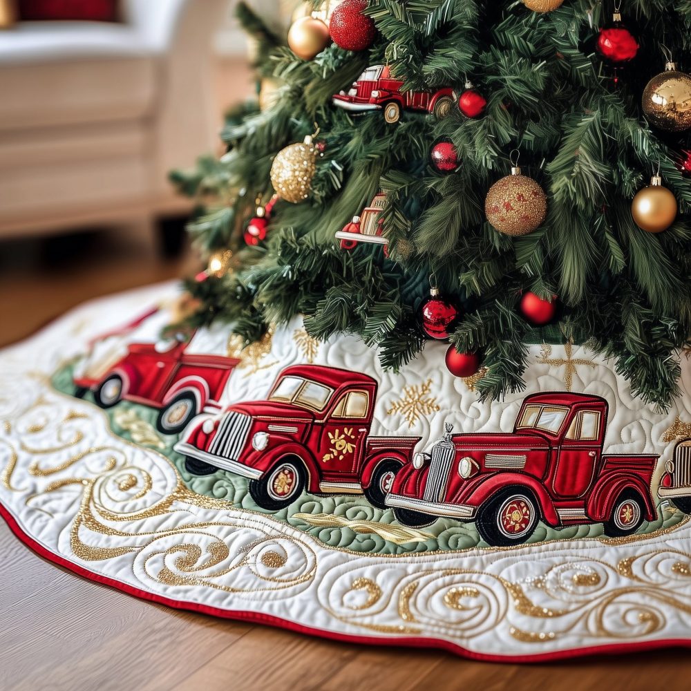 Vintage Red Truck With Gold Swirl Road Christmas Tree Skirt — Custom Luxury Holiday Skirt, Handmade Accent For Rustic Farmhouse Décor