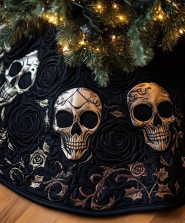 Ivory Skull & Rose Briar Christmas Tree Skirt — Elegant Gothic Tree Skirt, Custom Handmade In Neutral Ivory Tones