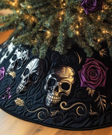 Silver Skulls & Purple Rose Christmas Tree Skirt — Metallic Gothic Tree Skirt, Custom Handmade For Dramatic Holiday Style