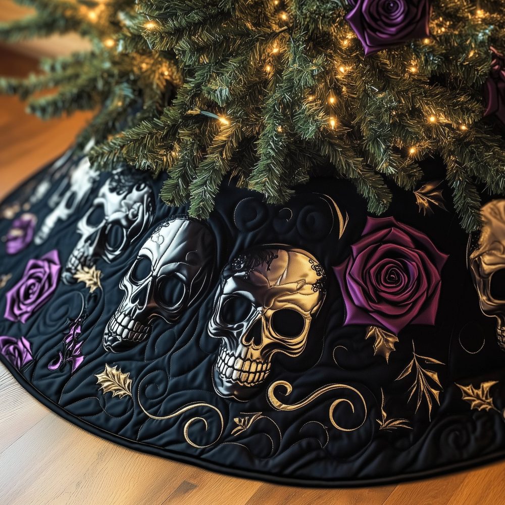 Silver Skulls & Purple Rose Christmas Tree Skirt — Metallic Gothic Tree Skirt, Custom Handmade For Dramatic Holiday Style