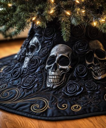 Pewter Skull & Black Roses Christmas Tree Skirt — Dark Elegance Tree Skirt, Custom Handmade Gothic Holiday Decor
