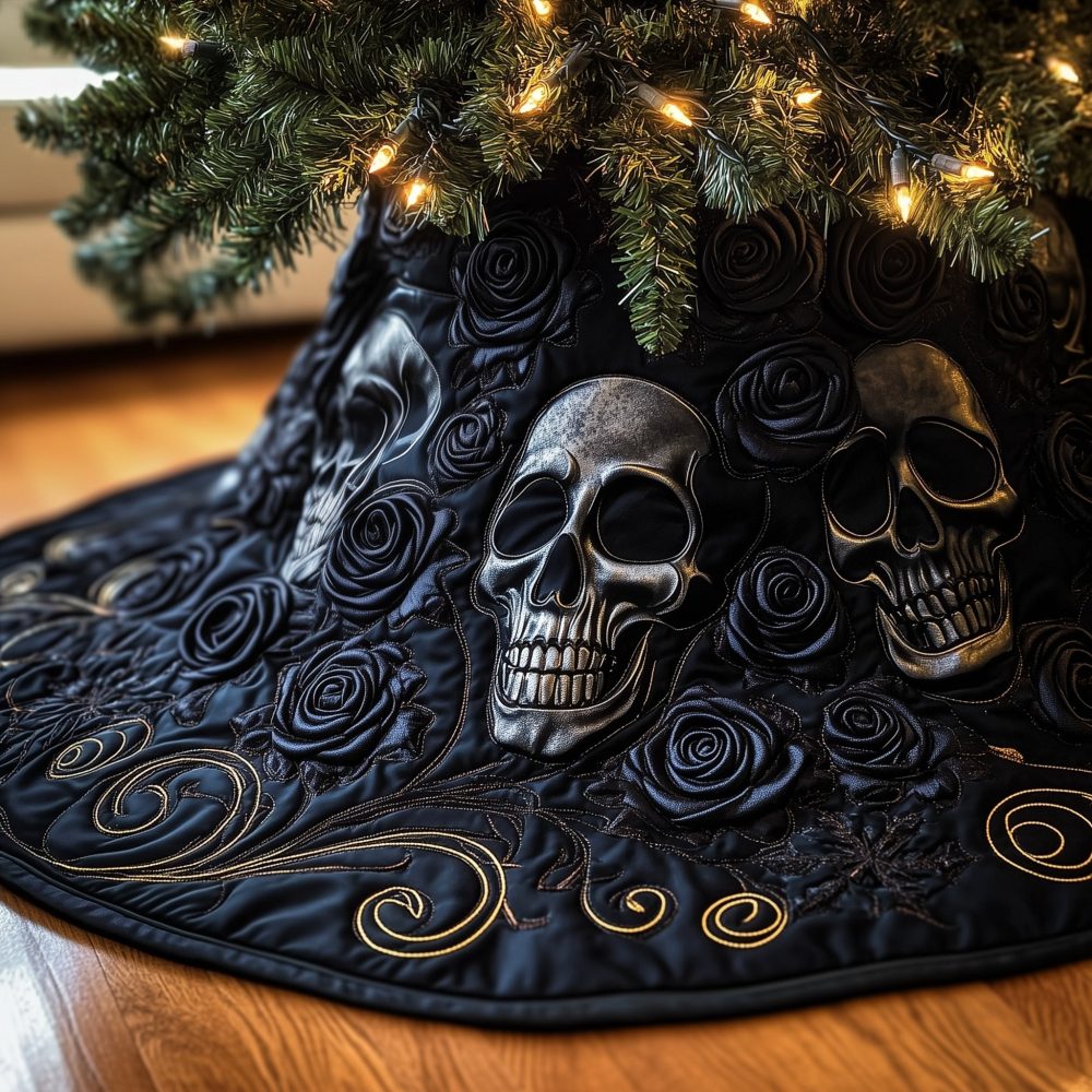 Pewter Skull & Black Roses Christmas Tree Skirt — Dark Elegance Tree Skirt, Custom Handmade Gothic Holiday Decor