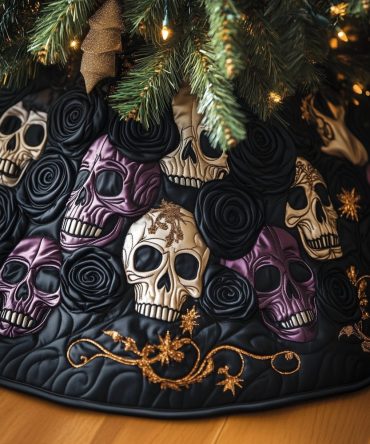 Plum & Black Skull Floral Christmas Tree Skirt — Bold Gothic Skull Tree Skirt, Custom Handmade Dark Holiday Accent