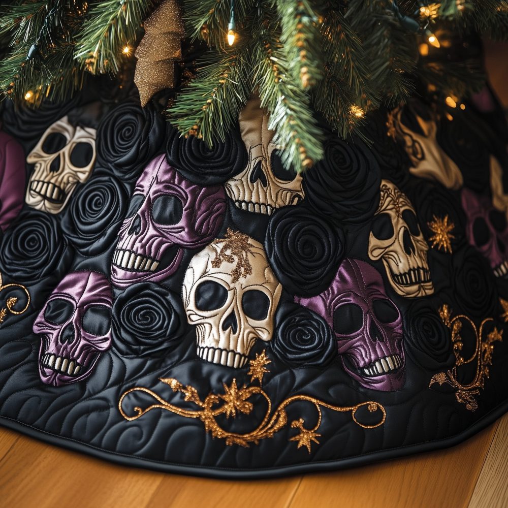 Plum & Black Skull Floral Christmas Tree Skirt — Bold Gothic Skull Tree Skirt, Custom Handmade Dark Holiday Accent