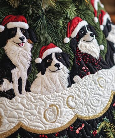 Festive Border Collies In Santa Hats Christmas Tree Skirt — Custom Handmade Holiday Skirt, Soft Velvet, Personalized Dog-Themed Décor