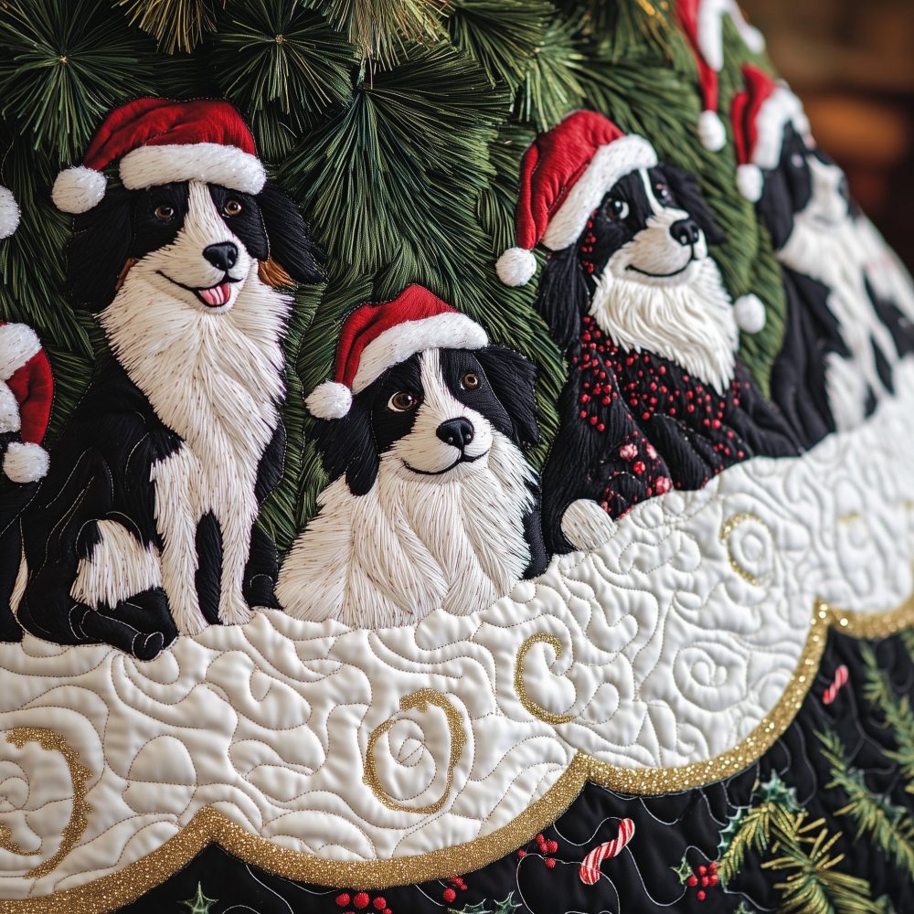 Festive Border Collies In Santa Hats Christmas Tree Skirt — Custom Handmade Holiday Skirt, Soft Velvet, Personalized Dog-Themed Décor