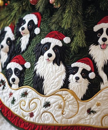 Luxury Gold-Trim Christmas Tree Skirt With Collie Pack Illustration — Custom Handmade Holiday Décor, Perfect Gift For Dog Lovers