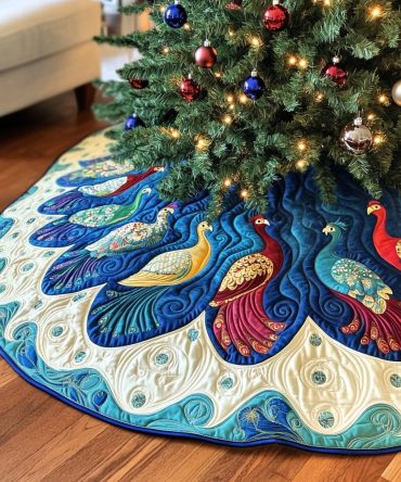 Ivory Peacock Pair Christmas Tree Skirt - Elegant Fan Feather Design, Handmade Holiday Tree Skirt With Luxe Embroidery, Custom Orders