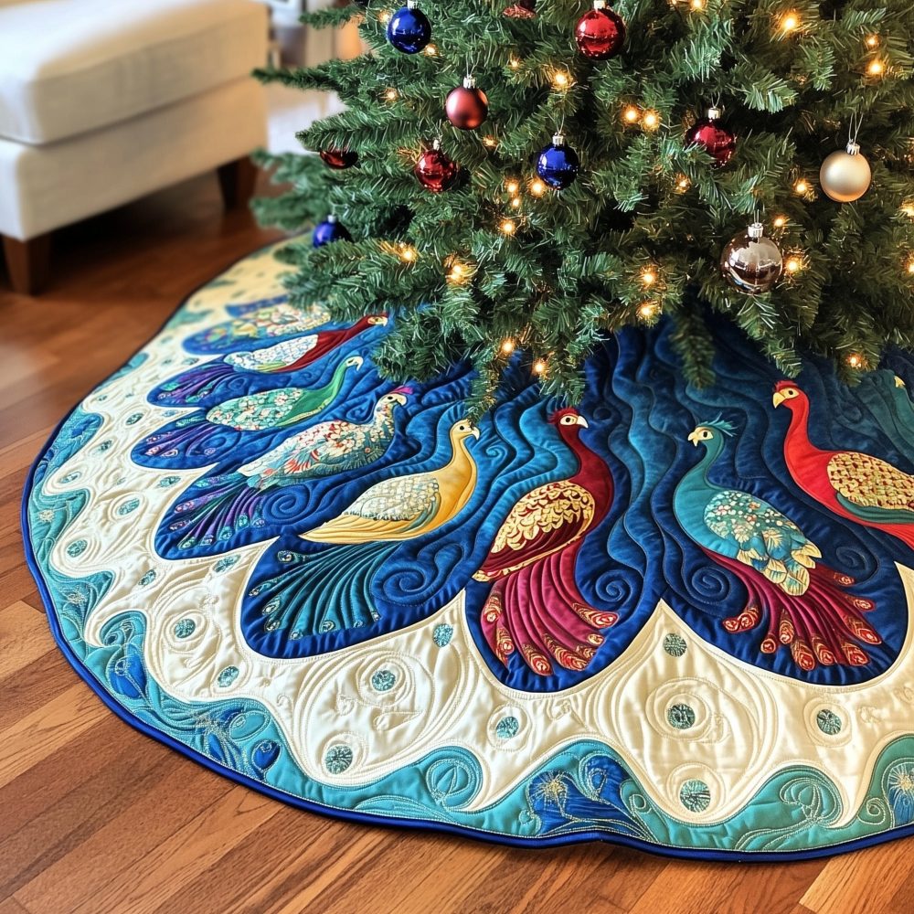 Ivory Peacock Pair Christmas Tree Skirt - Elegant Fan Feather Design, Handmade Holiday Tree Skirt With Luxe Embroidery, Custom Orders