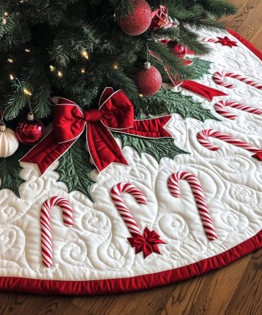 Velvet Ring Tree Skirt With Candy Canes — Opulent Handmade Holiday Skirt, Custom Sizes & Luxurious Finish For Classic Seasonal Style