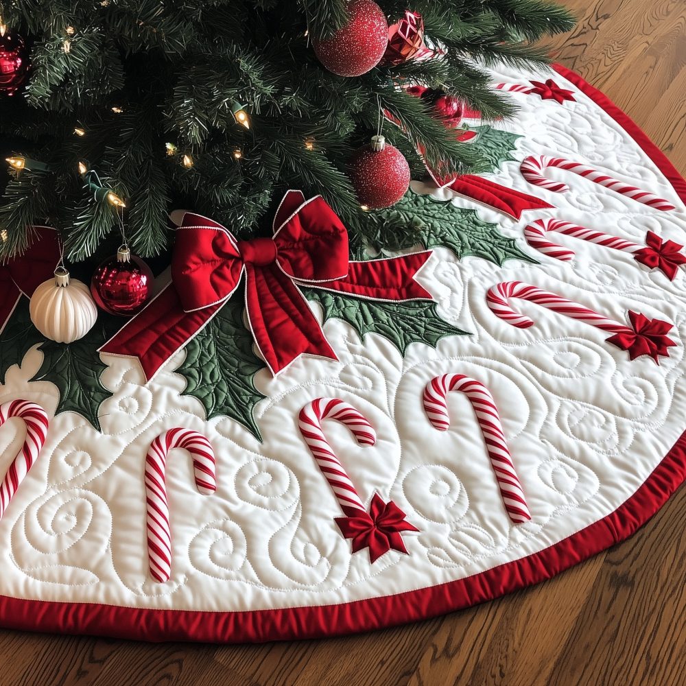 Velvet Ring Tree Skirt With Candy Canes — Opulent Handmade Holiday Skirt, Custom Sizes & Luxurious Finish For Classic Seasonal Style