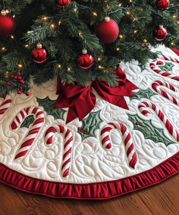 Winter White Tree Skirt With Bow & Candy Cane Motif — Custom Handmade Holiday Skirt, Elegant Neutral Décor With Personalized Options