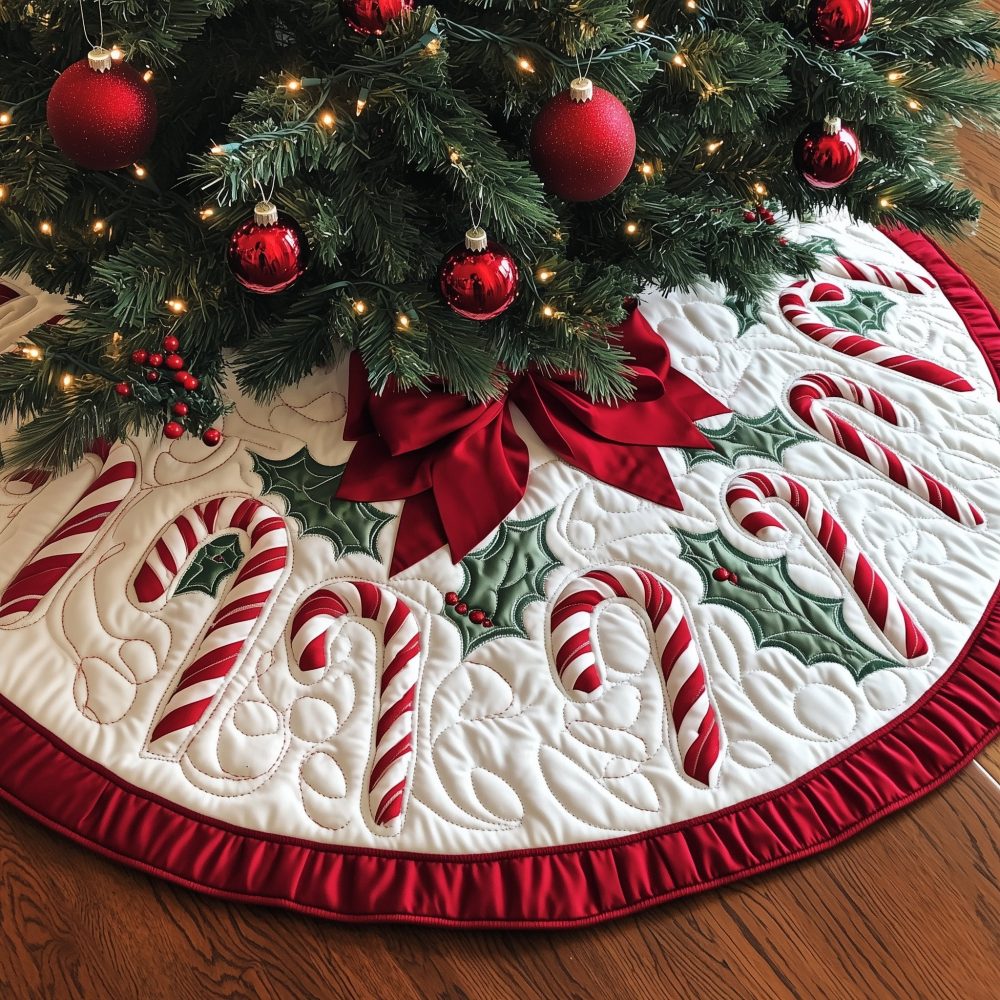 Winter White Tree Skirt With Bow & Candy Cane Motif — Custom Handmade Holiday Skirt, Elegant Neutral Décor With Personalized Options