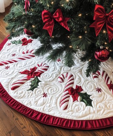 Candy Canes With Holly Leaves Christmas Tree Skirt — Made-To-Order Festive Skirt, Plush Fabric Options & Personalized Embroidery Available
