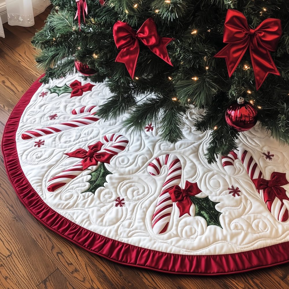 Candy Canes With Holly Leaves Christmas Tree Skirt — Made-To-Order Festive Skirt, Plush Fabric Options & Personalized Embroidery Available