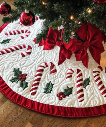 Cream Tree Skirt With Crimson Bows & Candy Canes — Elegant Handmade Holiday Skirt, Custom Trim Options For Classic Christmas Style