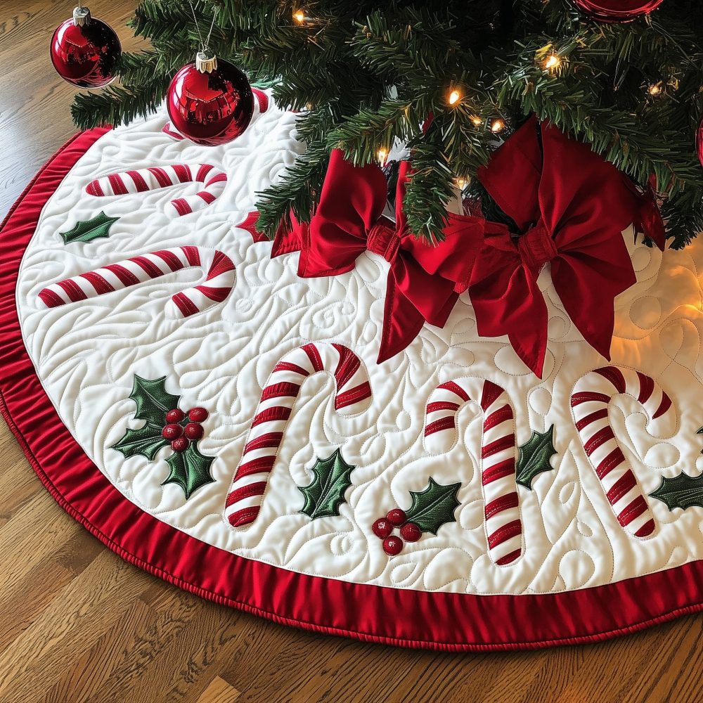 Cream Tree Skirt With Crimson Bows & Candy Canes — Elegant Handmade Holiday Skirt, Custom Trim Options For Classic Christmas Style