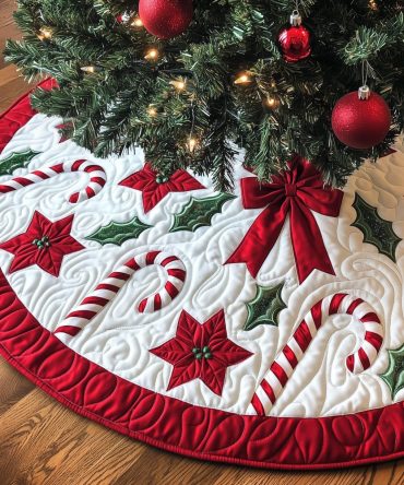 Poinsettia & Candy Cane Border Christmas Tree Skirt — Handmade Festive Skirt With Floral Holiday Trim, Custom Sizes & Personalization