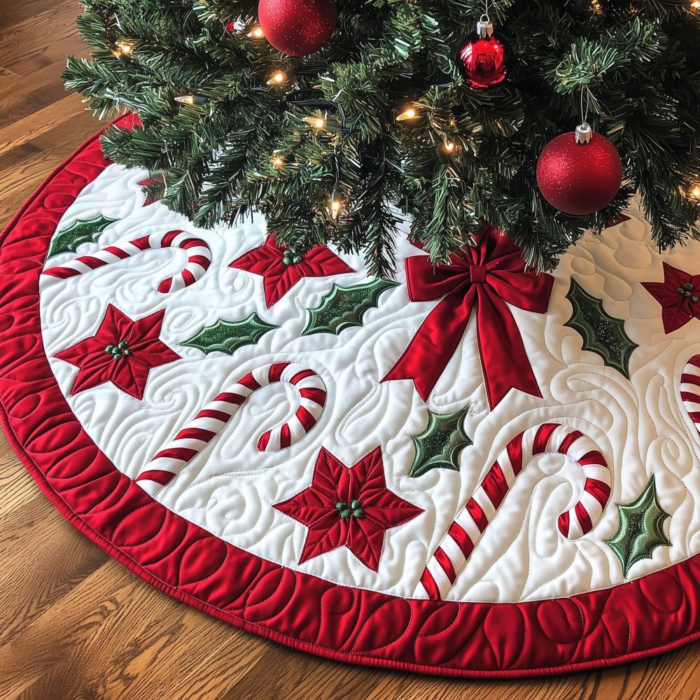 Poinsettia & Candy Cane Border Christmas Tree Skirt — Handmade Festive Skirt With Floral Holiday Trim, Custom Sizes & Personalization