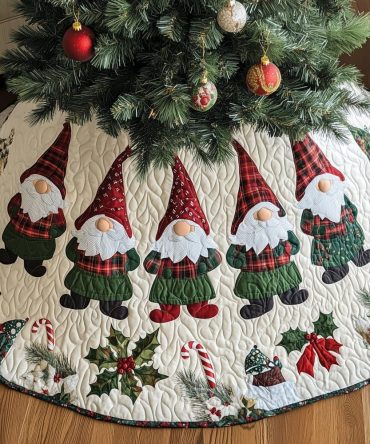 Tartan Gnome Elves Tree Skirt — Made-To-Order Quilted Christmas Skirt With Playful Gnome Elves In Tartan, Holiday Accent For Cozy Rooms