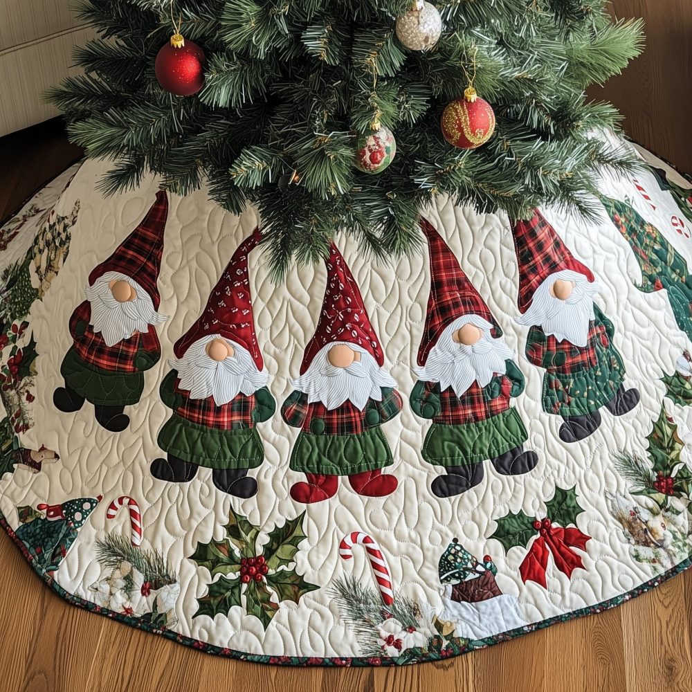 Tartan Gnome Elves Tree Skirt — Made-To-Order Quilted Christmas Skirt With Playful Gnome Elves In Tartan, Holiday Accent For Cozy Rooms