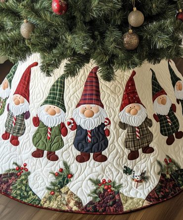 Holiday Gnome Line Plaid Tree Skirt — Made-To-Order Quilted Christmas Skirt With Cheerful Gnome Row In Tartan Plaid, Cozy Holiday Décor