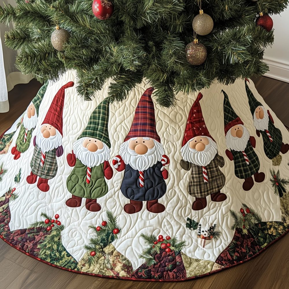 Holiday Gnome Line Plaid Tree Skirt — Made-To-Order Quilted Christmas Skirt With Cheerful Gnome Row In Tartan Plaid, Cozy Holiday Décor