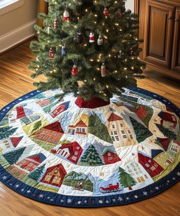 Circular Village Houses Tree Skirt — Made-To-Order Festive Cottage Scene For Charming Holiday Centerpieces