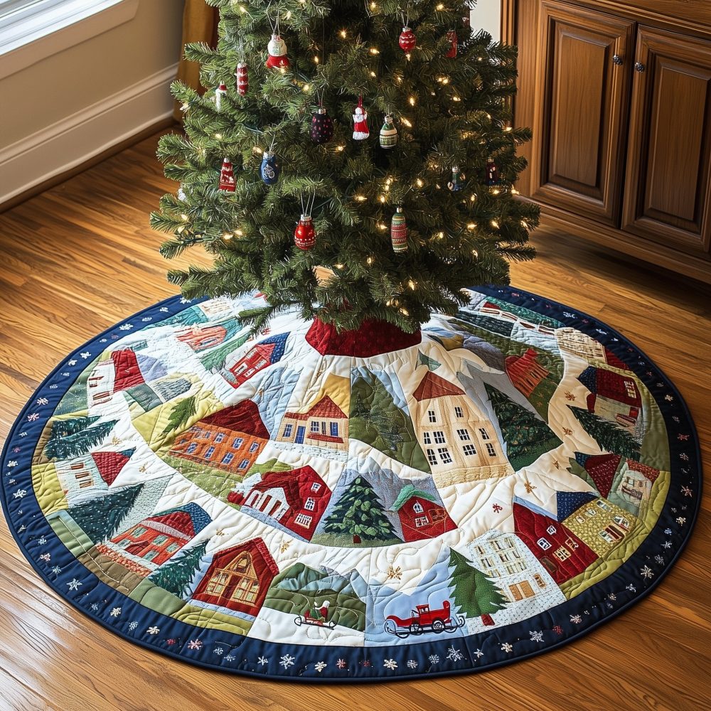 Circular Village Houses Tree Skirt — Made-To-Order Festive Cottage Scene For Charming Holiday Centerpieces