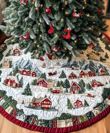 Red Village Rooftops With Pine Trees Tree Skirt — Made-To-Order Holiday Skirt For Classic Festive Scenes