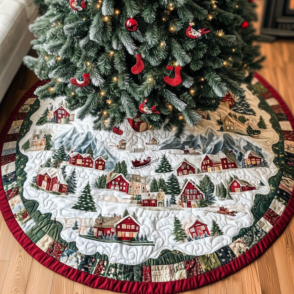 Red Village Rooftops With Pine Trees Tree Skirt — Made-To-Order Holiday Skirt For Classic Festive Scenes