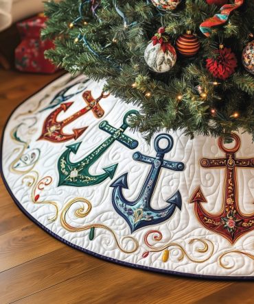 Nautical Christmas Tree Skirt - Coastal Holiday Decor With Anchors & Stars, Custom Sizes, Made To Order Premium Mat