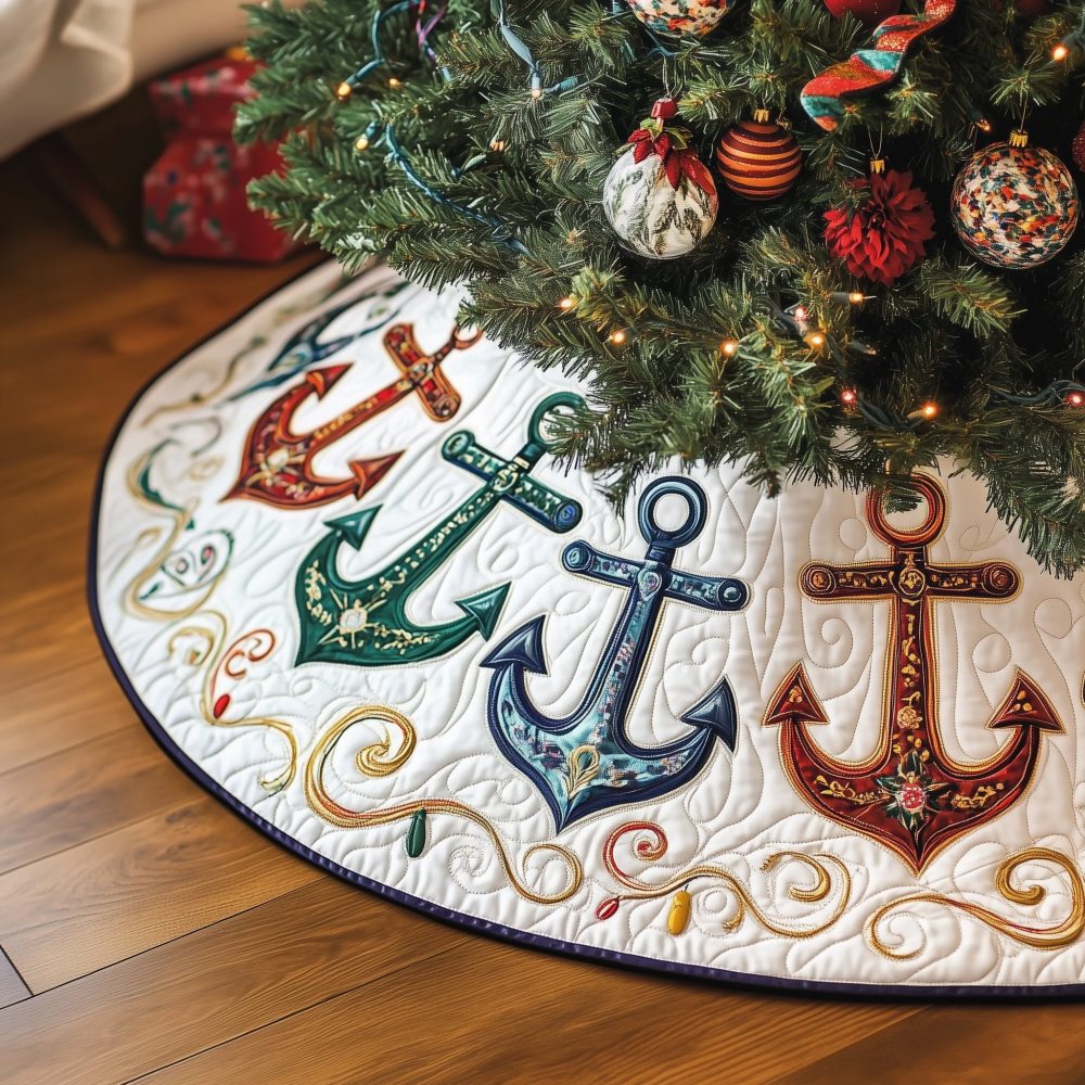 Nautical Christmas Tree Skirt - Coastal Holiday Decor With Anchors & Stars, Custom Sizes, Made To Order Premium Mat