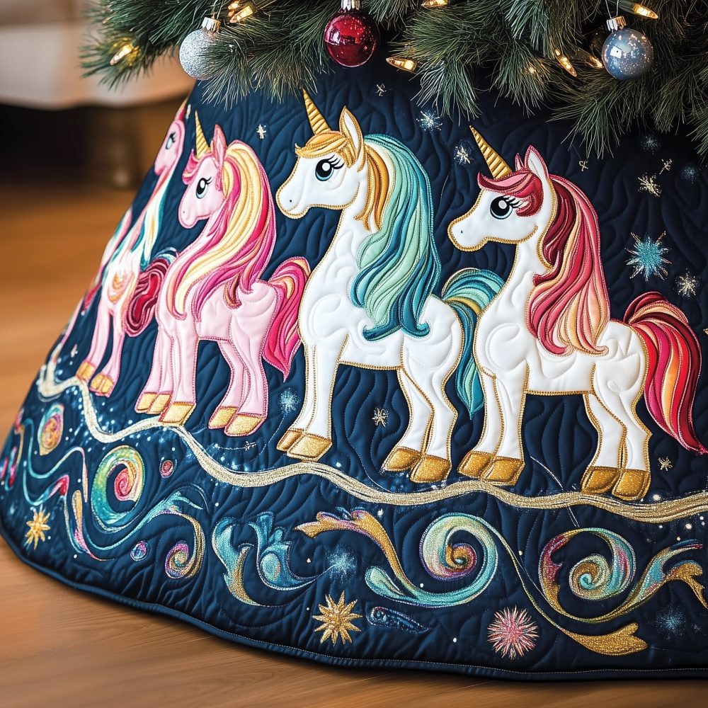 Magical Unicorn Christmas Tree Skirt - Joyful Holiday Unicorn Design, Custom Personalized Tree Mat, Made To Order