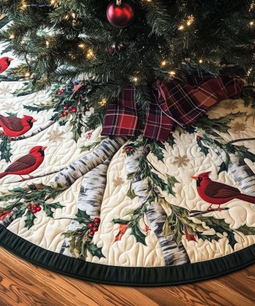 Birch Branch Cardinals Tree Skirt — Made-To-Order Quilted Christmas Skirt With Pair Of Cardinals On Birch Boughs, Natural Holiday Decor