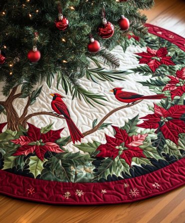 Cardinal In Poinsettia Tree Skirt — Made-To-Order Quilted Christmas Skirt Featuring A Cardinal Among Poinsettias, Festive Accent